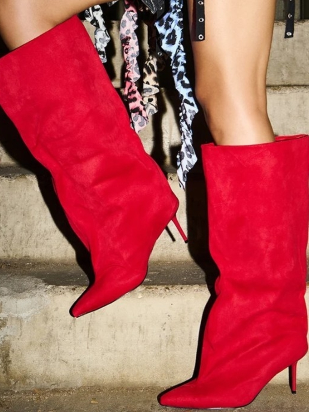 Red Suede Pointed-Toe Stiletto Mid-Calf Boots